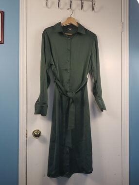 CARRY MATERNITY NURSING Olive Green Shirt Dress with Self Tie Belt SIZE SMALL